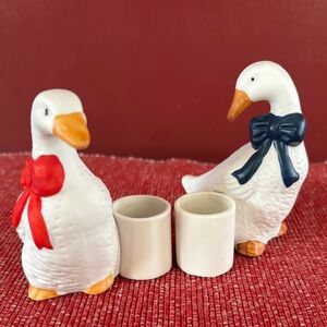 Vintage 80s 90s Geese with Bows Candle holders set of 2 Cottagecore
